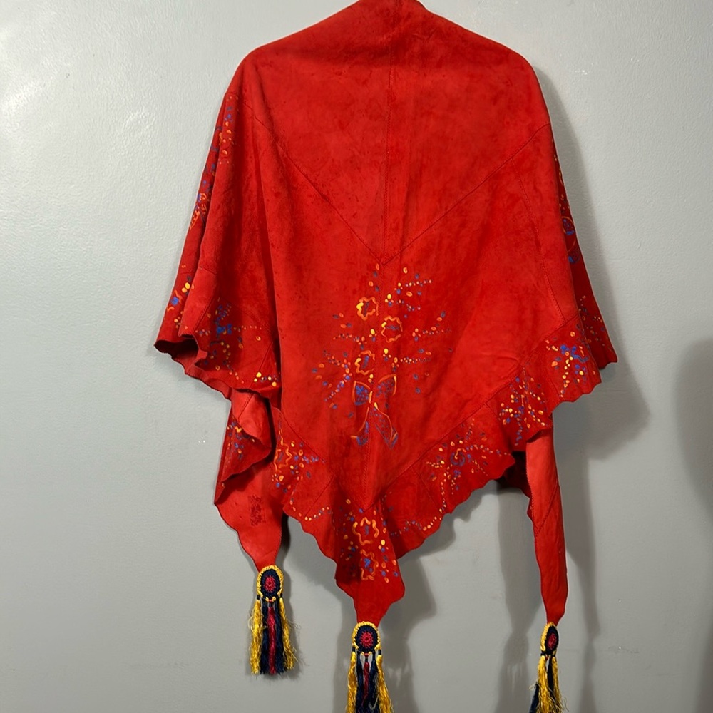 Vintage western red suede leather hand painted shawl rare large